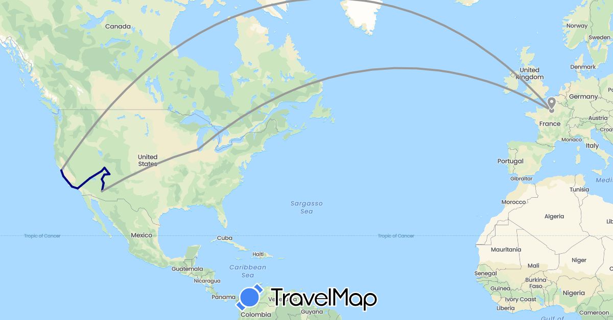 TravelMap itinerary: driving, plane in France, United States (Europe, North America)
